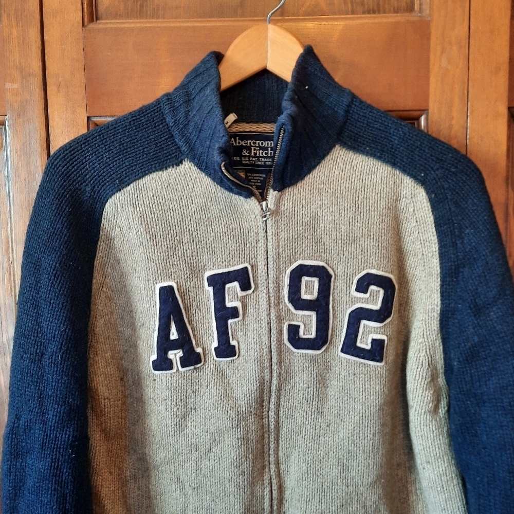 Vintage Y2K Abercrombie & Fitch Lambswool Blend Zip Up Knit Cardigan Sweater XL - Picture 2 of 10